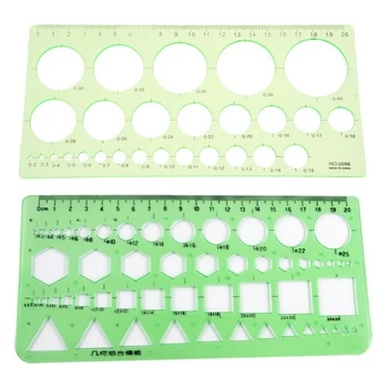 

New-Green Plastic Students Rectangle Shape Drawing Circle Template Ruler & Circles Squares Hexagons Geometric Template Ruler 0-2