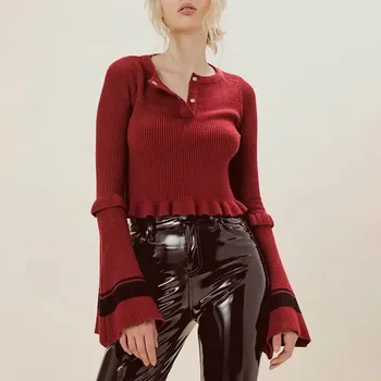 

Patchwork Ruffles Hit Color Sweater Women O Neck Flare Long Sleeve Slim Autumn Sweater Female Clothing Fashion Tide