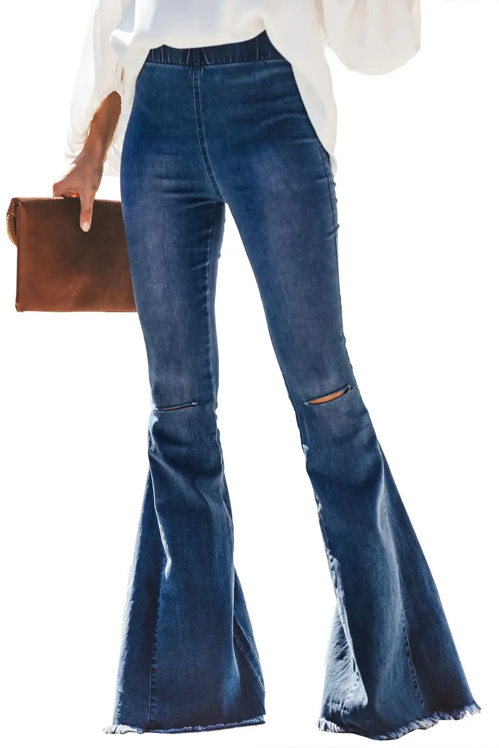 Новинка, обтягивающие джинсы с высокой талией, женские расклешенные рваные джинсы для женщин, большие размеры, широкие женские джинсы, черные женские джинсы для мам - Цвет: Dark blue