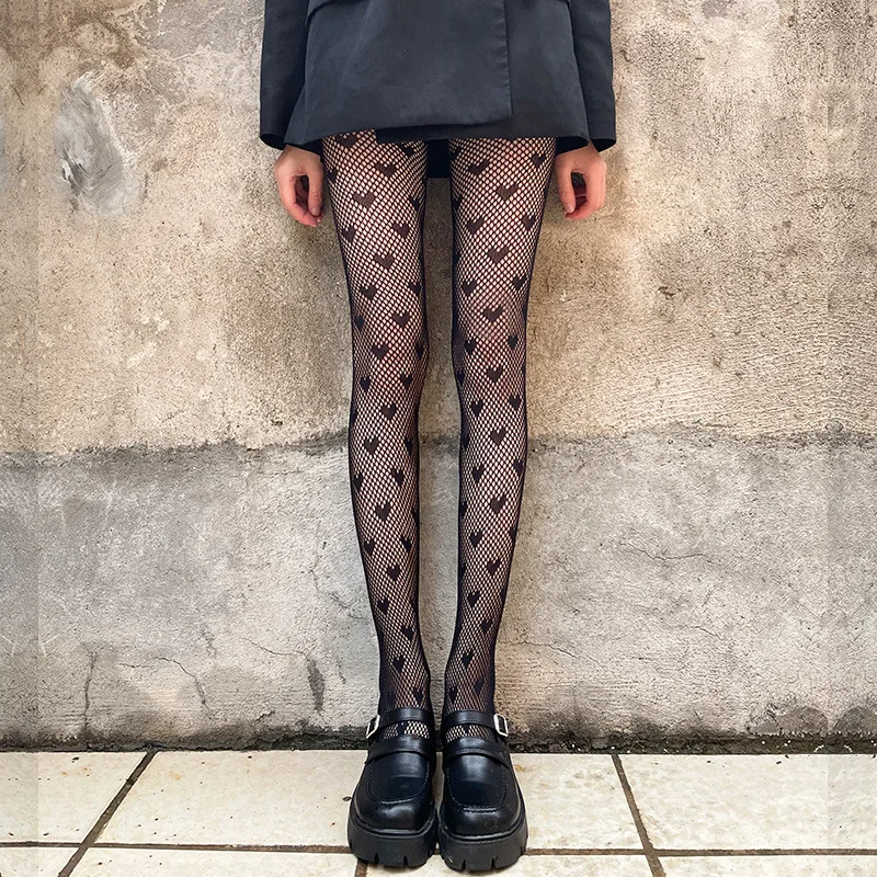 Heart Print Mesh Fishnet Pantyhose Hollow Out Lolita Lace Nylon Tights Stockings Lingerie Hosidery Japanese Style Women's Tights 3