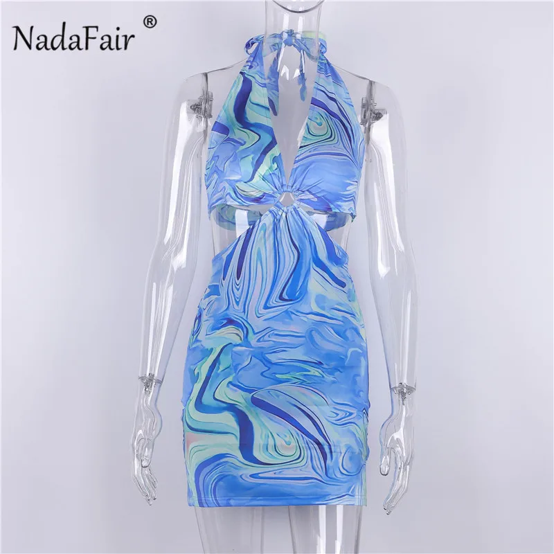 Nadafair Tie Dye Printed Mini Bodycon Dress Festival Outfits Party Club For Women Backless Halter Cut Out Sexy Summer Dress 2021