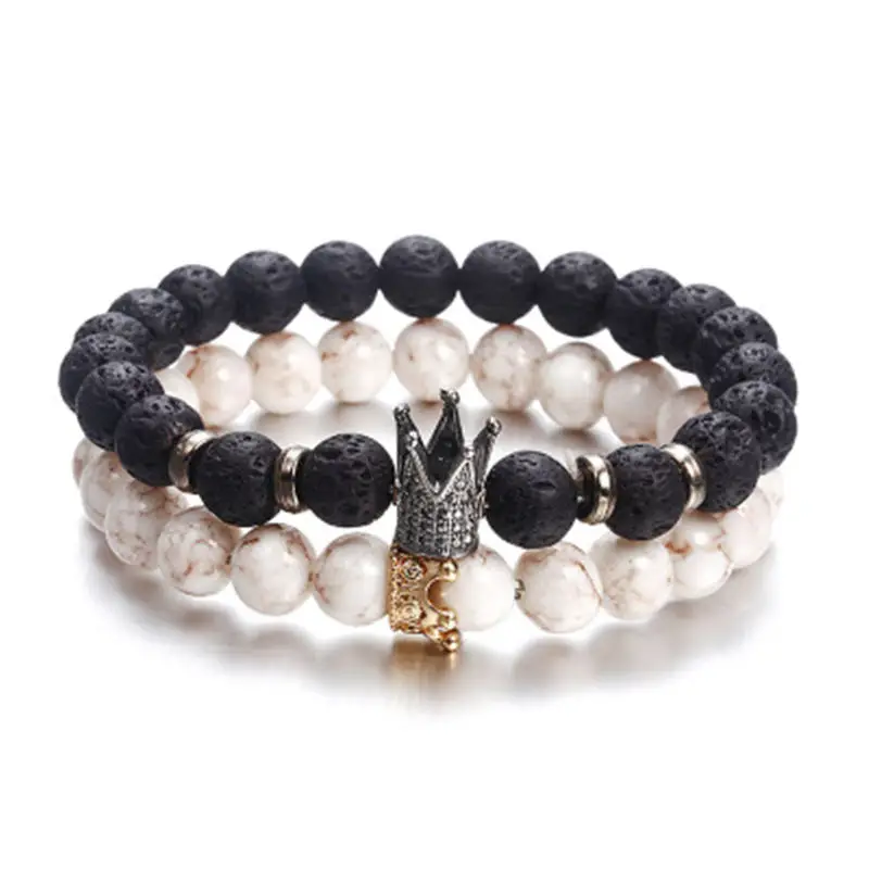 

2019 Newest Matt Natural Stone Beaded Bracelet Vintage Gold Black Zircon Crown Charm Bracelets & Bangles Women Men Jewelry Gifts