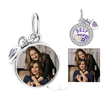 

925 Sterling Silver Dazzling Crystal Purple Flower BEST MOM Forever Love Round Dangle Charm for Women Custom Photo Jewelry Gift
