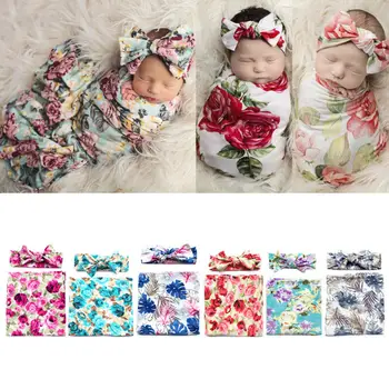

Newborn Infant Baby Swaddle Blanket Sleeping Swaddle Muslin Wrap+Headband Set