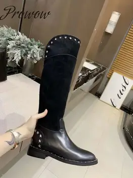 

Prowow New Genuine Leather Metal Deco Knee HIgh Autumn Winter Fashion Boots Round Toe Low Heel Moto Boots Shoes Women