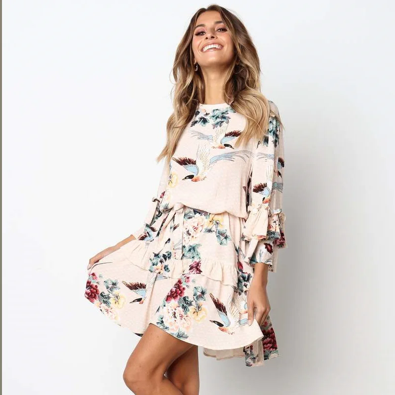 Женское Хлопковое платье с длинным рукавом и круглым вырезом элегантное