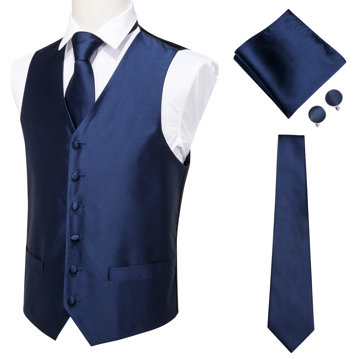 Hi-Tie сплошной синий костюм жилет мужской v-образным вырезом без рукавов жилет вечерние свадебные галстук жилет Бекхэма Карманный платок для костюма запонки - Цвет: WJMJ-0003