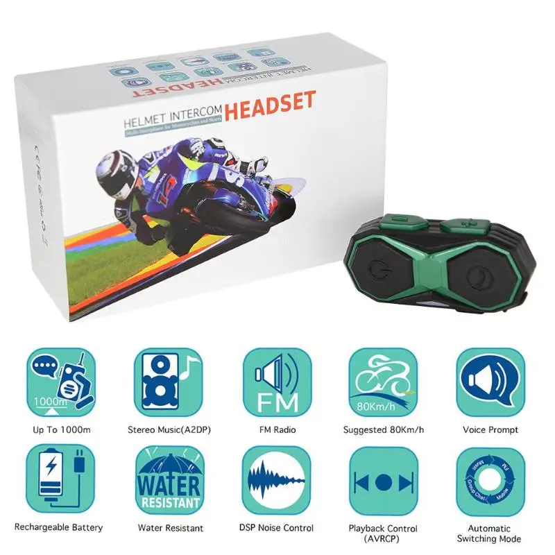 

WT005 Waterproof Motorcycle Helmet Headset 1000m FM Radio Bluetooth Intercom Key Control Automatic Switching Mode