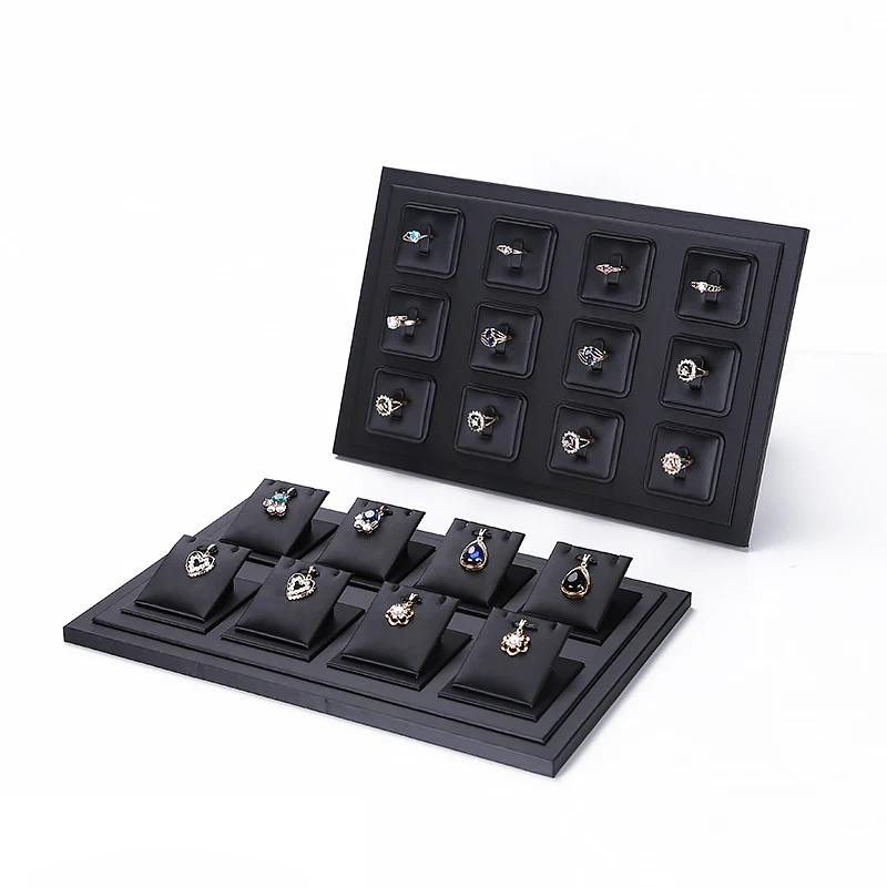 Retail Jewelry Store Window Showcase Luxury Black Pu Leather Ring Jewelry Display Tray Insert Charm Pendant Earring Accessories