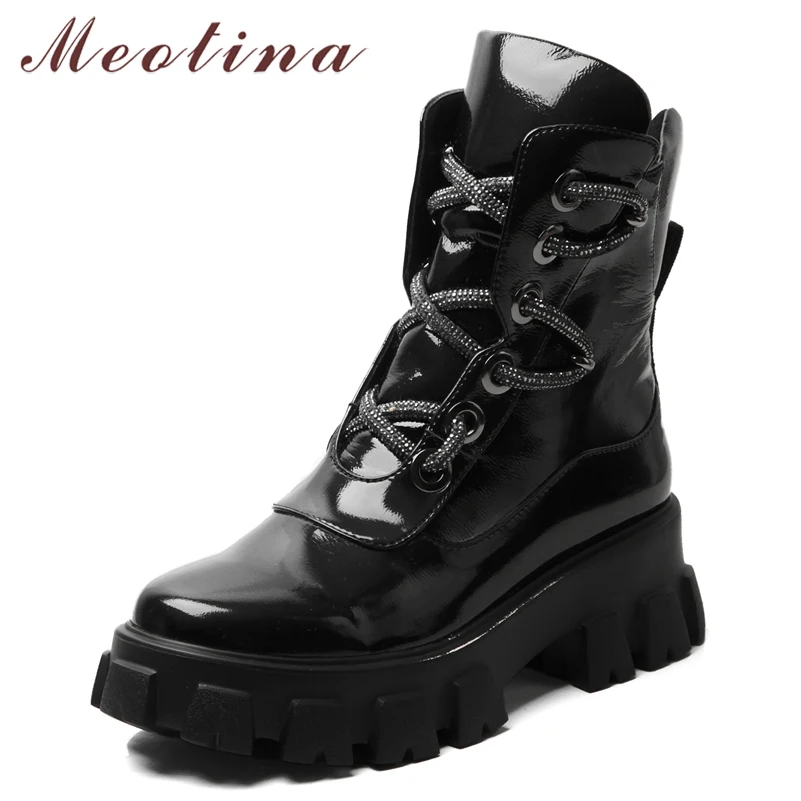 

Meotina Autumn Motorcycle Boots Women Patent Leather Platform Thick Heels Ankle Boots Zip Round Toe Shoes Female Winter Size 39