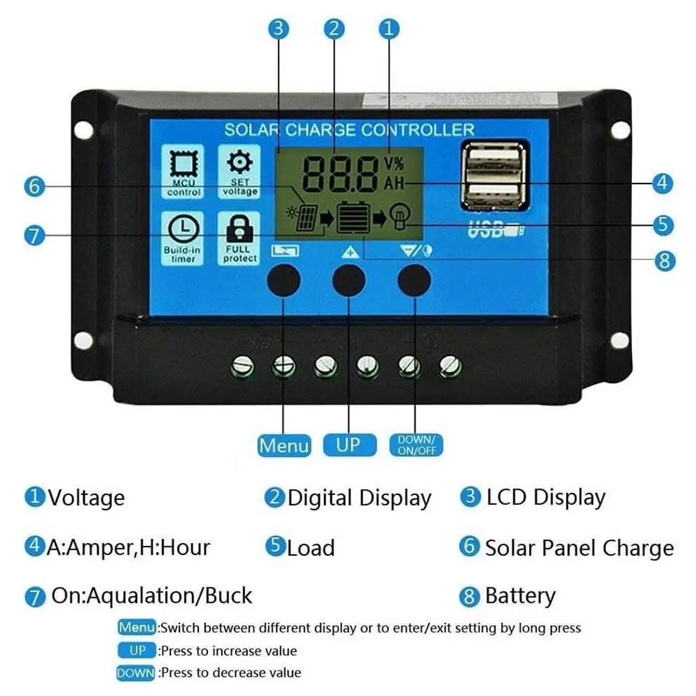 PWM 60A 50A 40A 30A 20A 10A Солнечный контроллер заряда и разряда 12V 24V Авто ЖК-дисплей солнечный регулятор с двумя USB 5V