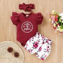 

Summer Baby Girl Flower Shorts+Short Sleeve Romper+Headband Suits Costume Set