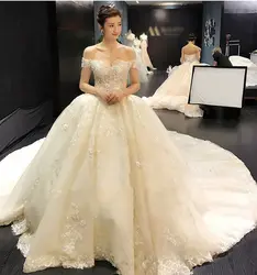 Robe De Mariee Princesse De Роскошные 2019 с коротким рукавом Бисер аппликации Цветы Кружева Часовня Поезд бальное платье Свадебные платья