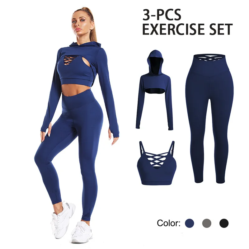 Scrunch Bum 3 Piece Yoga Workout Set Gym Clothing Hooded Long Sleeve