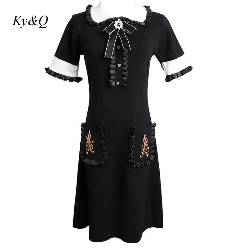 

Newest 2019 HIGH QUALITY Fall Women's Contrast Lapel Bow Flower Embroidery Long Slim Knit Dress