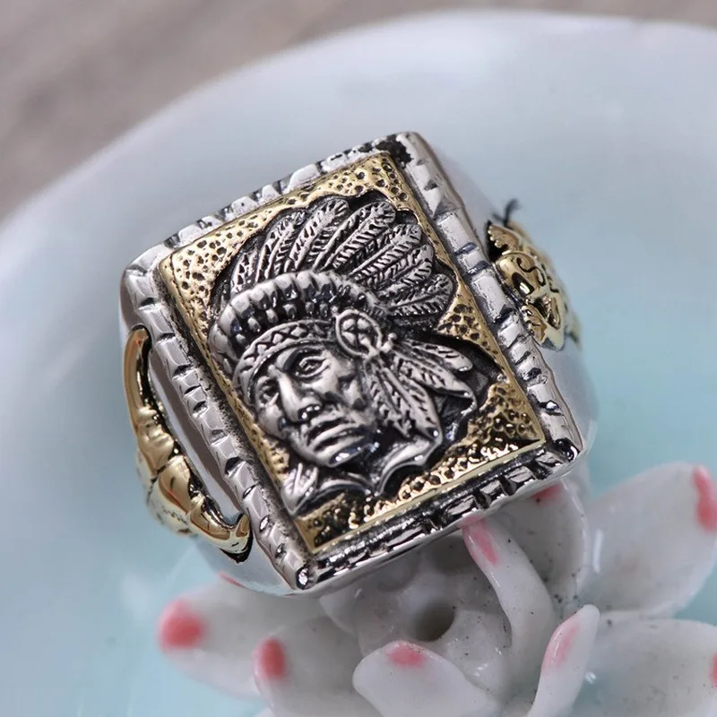 

Real 925 Silver Indian Chiefs Open Rings for Men Personality Vintage Resizable Square Male Signet Rings Jewelry Dropshipping