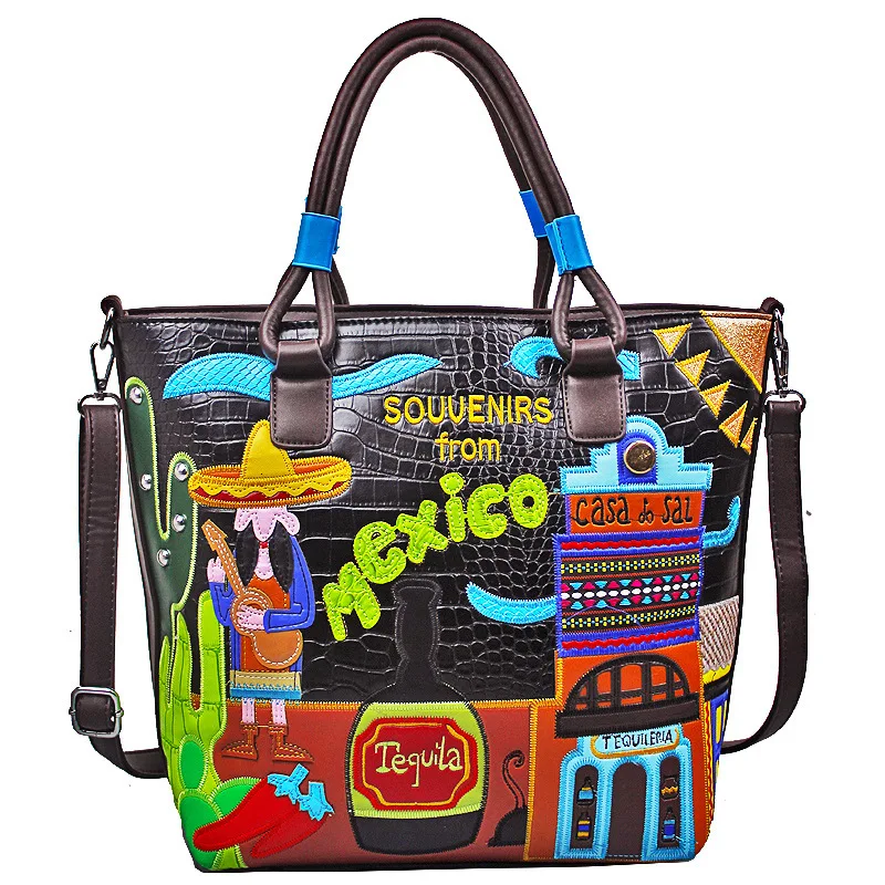 

2019 Retro Crocodile Pattern Portable Diagonal Package Mexican Embroidery Creative Ladies Handbag Embroidered Bucket Bag
