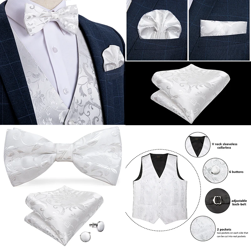Men's Vest Gold Red White Blue Solid Paisley Silk Wedding Vest For Men Bowtie Hanky Cufflink Cravat Set for Suit Tuxedo DiBanGu