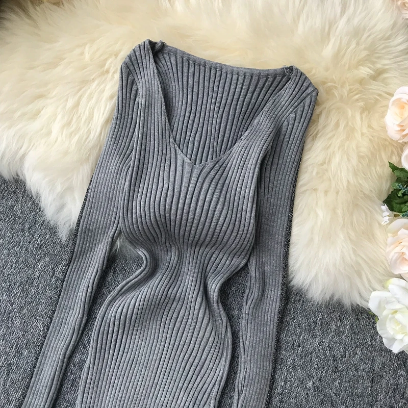 ALPHALMODA женское осеннее сексуальное трикотажное платье в полоску с глубоким v-образным вырезом и длинными рукавами, однотонное эластичное женское платье