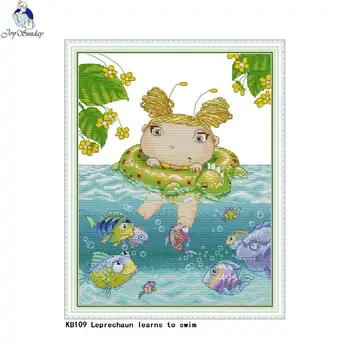 

Joy sunday cross stitch cartoon pattern elf learns to swim canvas cross stitch kit Printed On Canvas Embroidery Needlework Set