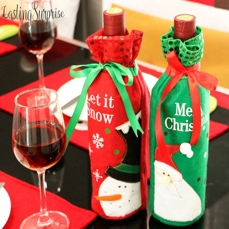 

1pcs Santa Claus Christmas Drawstring Red Wine Bottle Cover Bags For Home Dinner Party Decoration Table Decor X-Mas Gift
