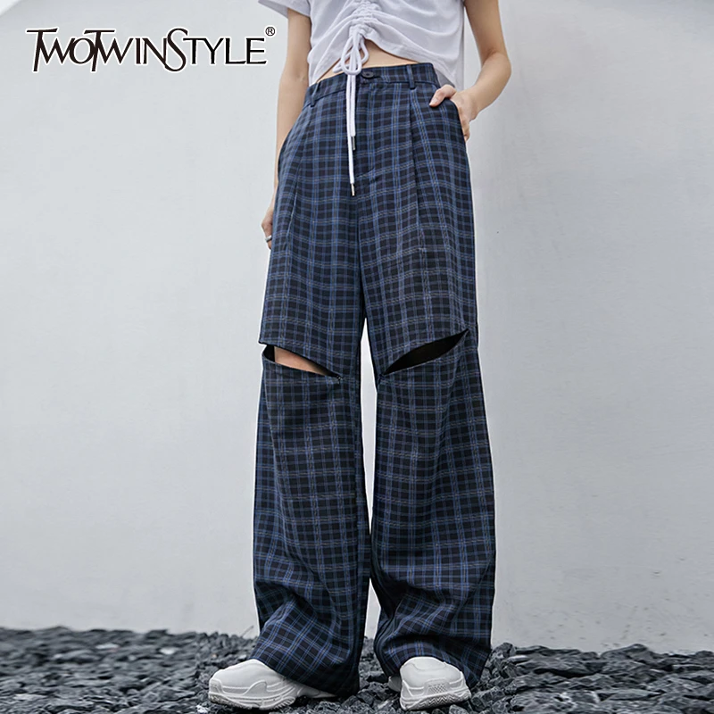 TWOTWINSTYLE Casual Plaid Women Full Length Pants High Waist Hollow Out Loose Hit Color Wide Leg Pants Female Fashion 2020 Tide TWOTWINSTYLE Casual Plaid Women Full Length Pants High Waist Hollow Out Loose Hit Color Wide Leg Pants Female Fashion 2020 Tide