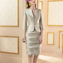 With Jacket Mother Of The Bride Dresses Sheath Knee Length Satin Lace Plus Size Short Groom Mother Dresses For Wedding