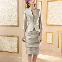 With Jacket Mother Of The Bride Dresses Sheath Knee Length Satin Lace Plus Size Short Groom Mother Dresses For Wedding