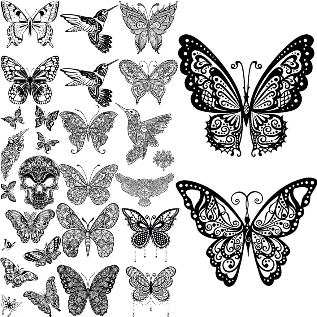

Henna Butterfly Temporary Tattoos For Women Girls Realistic Hummingbird Skull Tatoos Feather Pendant Fake Tattoo Sticker Back