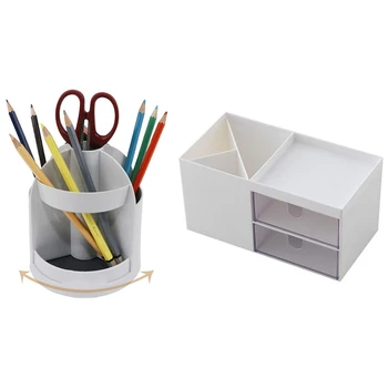 

2 Pcs Nordic Style Multifunctional Plastic Pen Holder Desk Cosmetic Storage Box, Gray & White