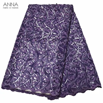 

Anna popular purple sequin organza african lace fabric embroidery with hollow out design nigerian french mesh fabrics for sewing