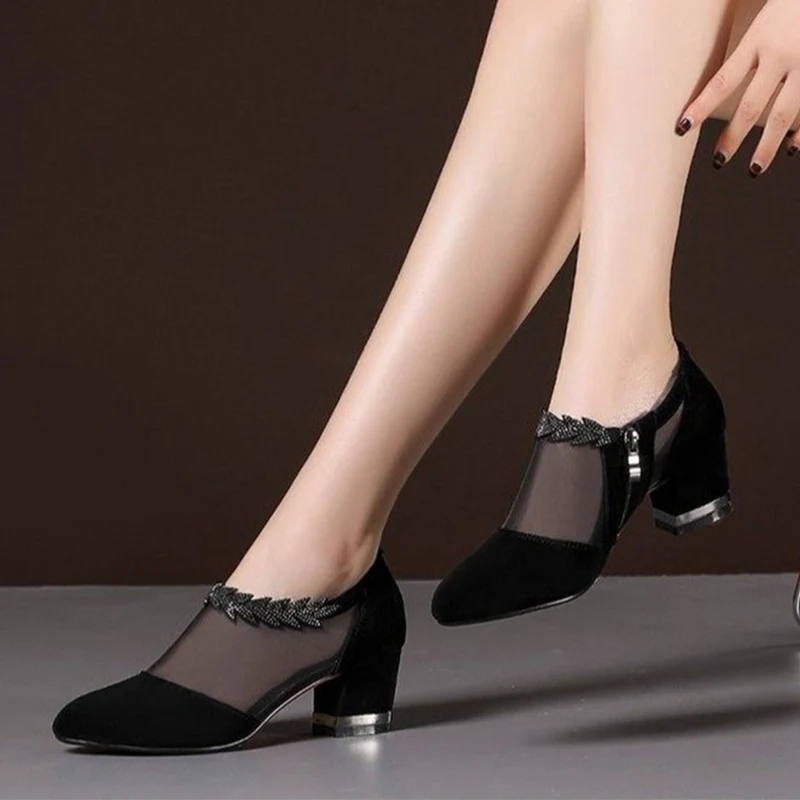 

Spring Women Crystal Sandals Zip Thick High Heels Shoes Woman Sexy Mesh Female Slip On Solid Platform Sandals Ladies Party Shoes