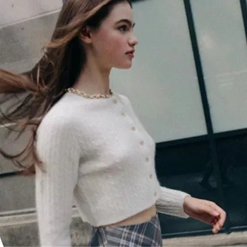 

2019 Women Knit Twist Striped Single-breasted Buttons Cardigan Vintage Exposed navel Short Knitwear Long sleeve Jumper Tops