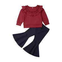 Focusnorm/осенний комплект одежды из 2 предметов для маленьких девочек, Красная футболка с оборками+ однотонные Хлопковые Штаны