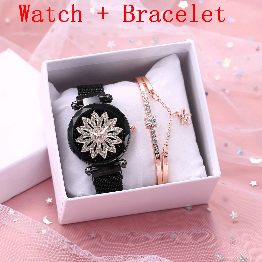 Женские часы на ремешке с цветочным узором, повседневные Роскошные Кварцевые наручные часы с магнитной пряжкой, Relogio Feminino - Цвет: black bracelet