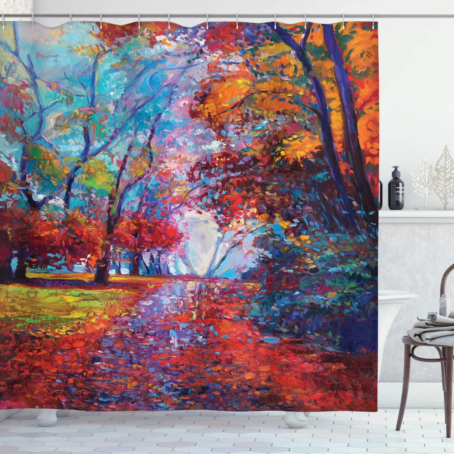 

Country Shower Curtain, Colorful Fairy Paint of Park in Fall View of The Earth in Oil Painting Style Print, Cloth Fabric