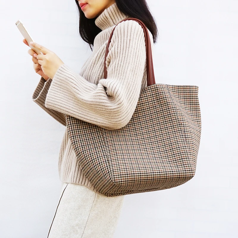 

Women Woolen cloth Bags Scottish Pattern Vintage Plaid Female Large Capacity Big Tote Handbag Ladies Casual Shoulder Bag