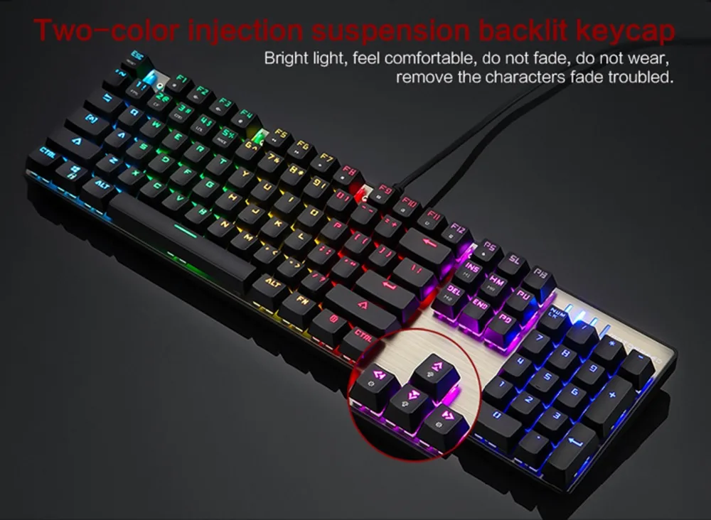 Игровая механическая клавиатура Motospeed CK104, 104 клавиш, русский, английский, красный переключатель, синий, металлический, проводной, светодиодный, с подсветкой, RGB, настольный планшет