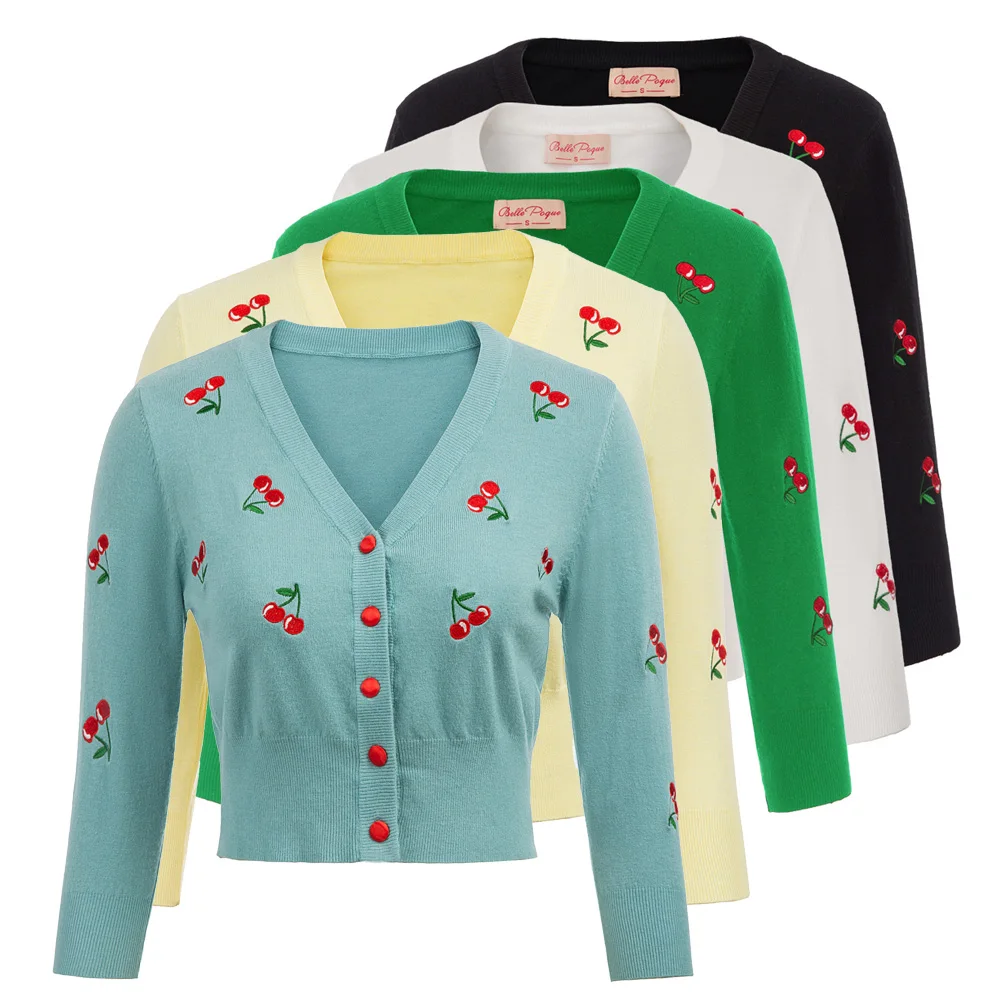 Женские винтажные жакеты кардиганы осень весна женские с вышивкой вишни 3/4 рукав v-образный вырез Обрезанное вязаное пальто трикотаж