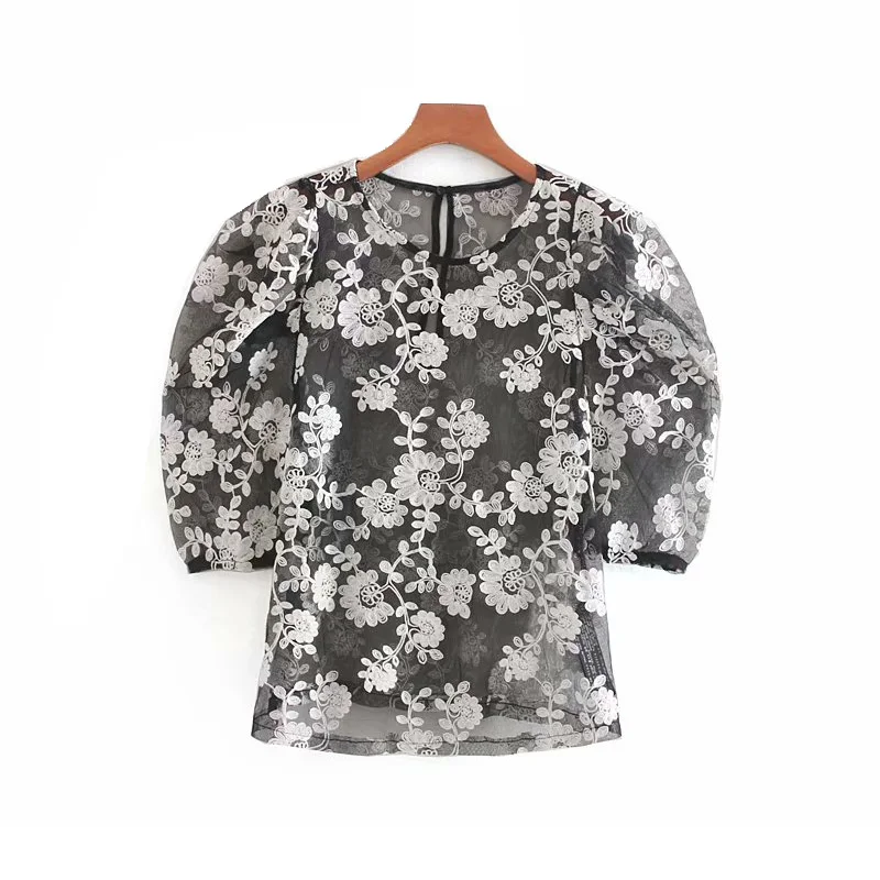 Женские кружевные прозрачные блузки в стиле ретро с цветочным принтом; модные элегантные женские рубашки с короткими рукавами и вышивкой;