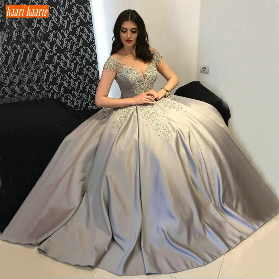 

Elegant Boho Gray Evening Gown Long Satin Floor Length Formal Dresses For Women Africa Appliqued Beaded Evening Dress Customized