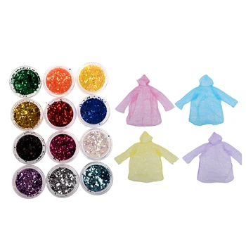 

12Pcs Color Acrylic Uv Gel Nail Art Glitter Sequins Six Angle & 10Pcs Disposable Hooded Poncho Emergency Raincoat Adult Camping