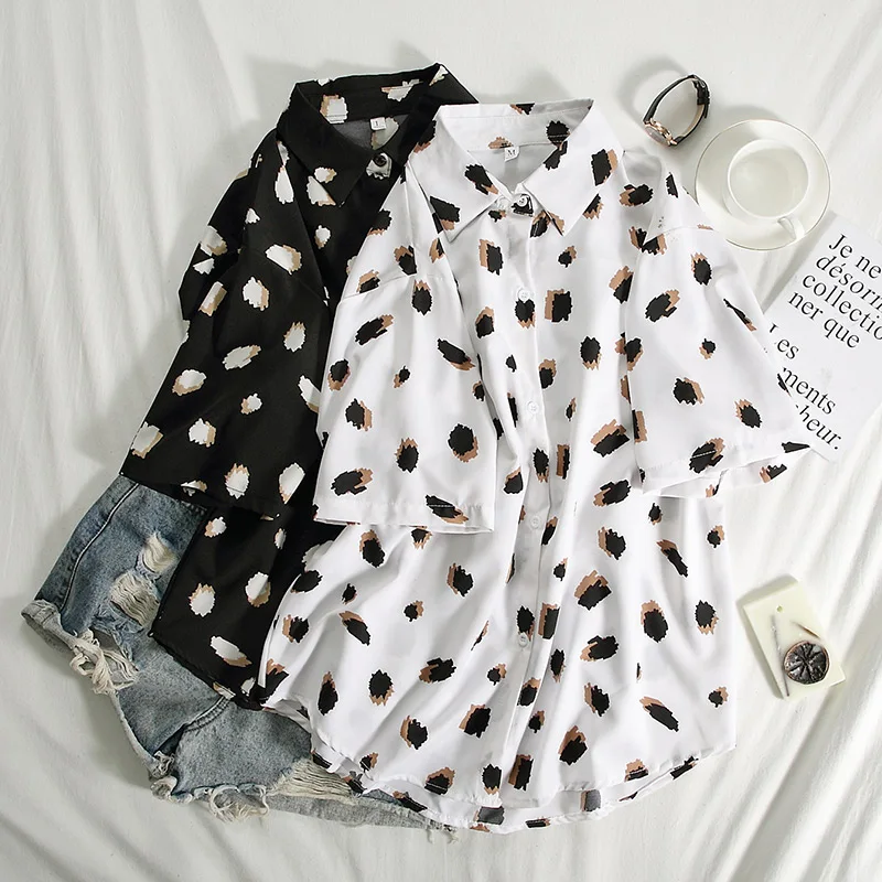 2020 Summer Tie Dye Shirt Women Turn Down Collar Office Female Blouse Oversized Short Sleeve Plus Size Lady Tops Blusa Feminina