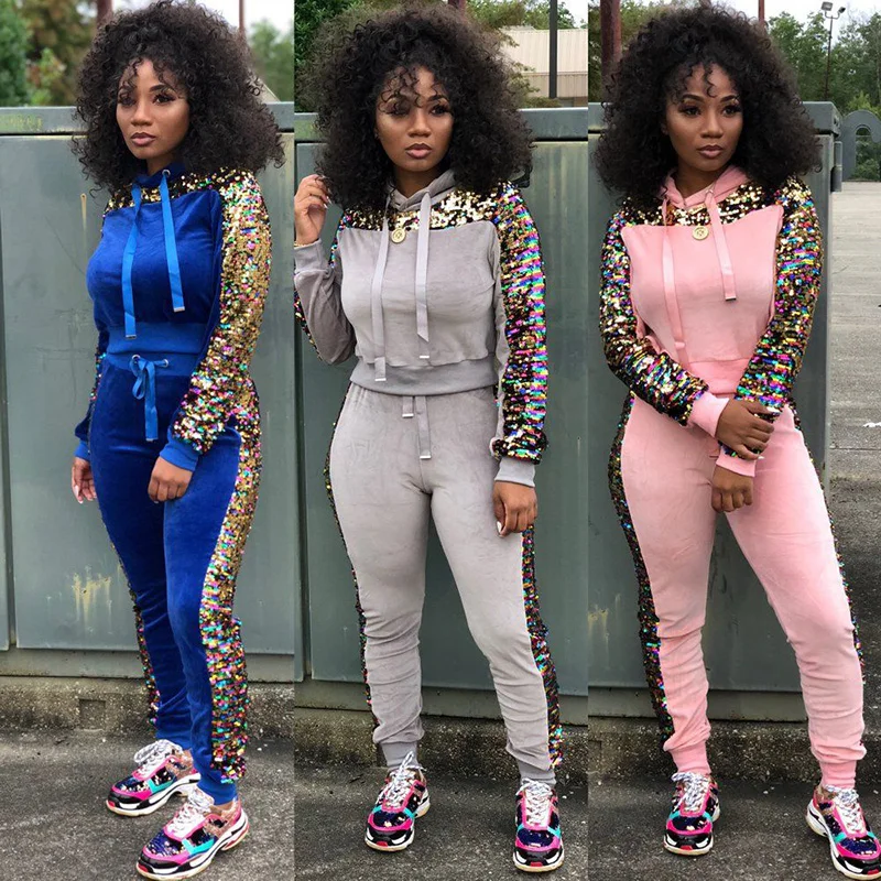 

2 TWO PIECE SET Sequin Women Tracksuit Velour Jogger Pants Top Hoodies Long Sleeve Patchwork Sweat Suit Sweatsuit Outwear Winter
