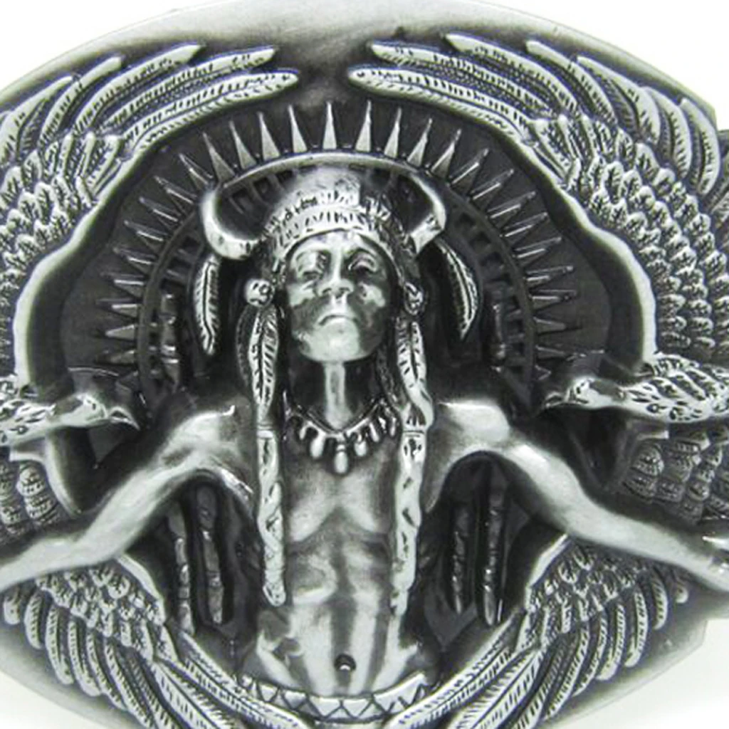 NaNative Western American Retro Indian Chiefs with Double Eagles Shaped Pattern Oval Zinc Alloy Men's Cool Ornament Belt Buckle