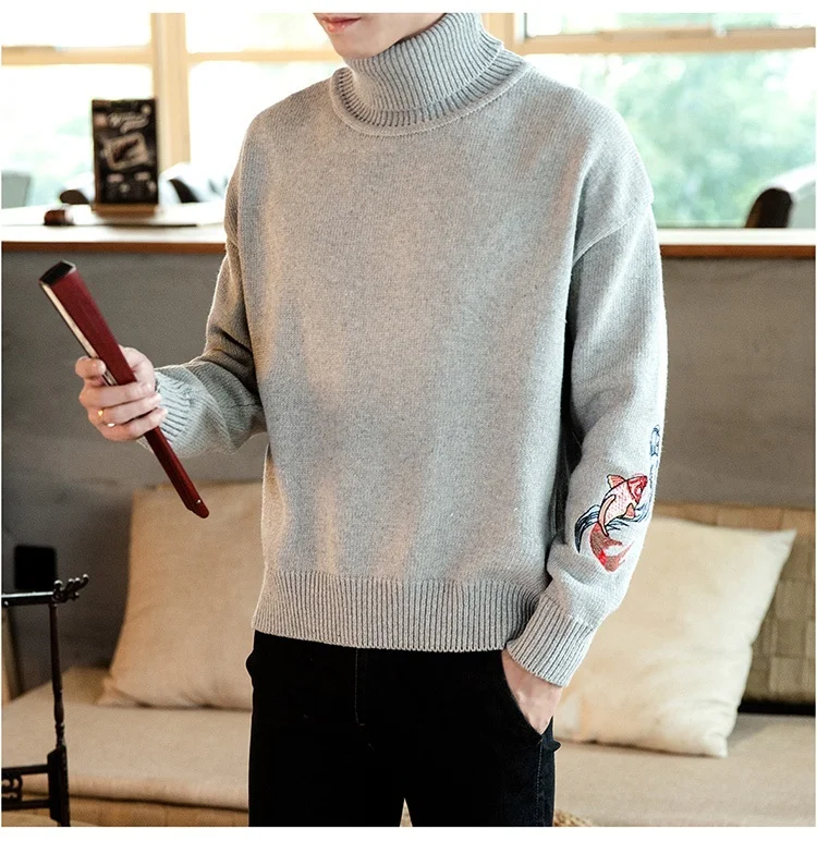 Zongke Carp Embroidery Turtleneck Men Sweater Turtle Neck Men Pullover Sweater Men Coat XXXL Autumn Winter Man Sweaters