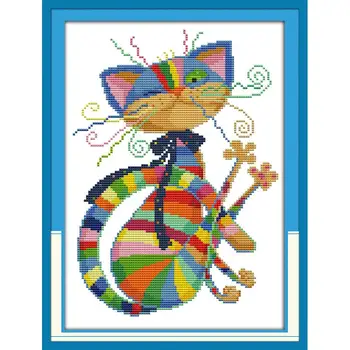 

Joy Sunday Colorful cat cartoon pattern Cross Stitch Set DMC 14CT counted Cross stitch print on canvas embroidery kit Home decor