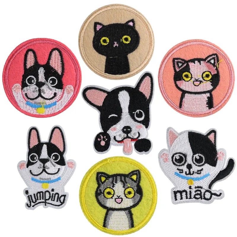 Round Puppy Kitten Patch Cartoon Cute Embroidered Animals Fabric Stickers Iron on Clothes Patches for Clothing Applique Badges | Дом и сад