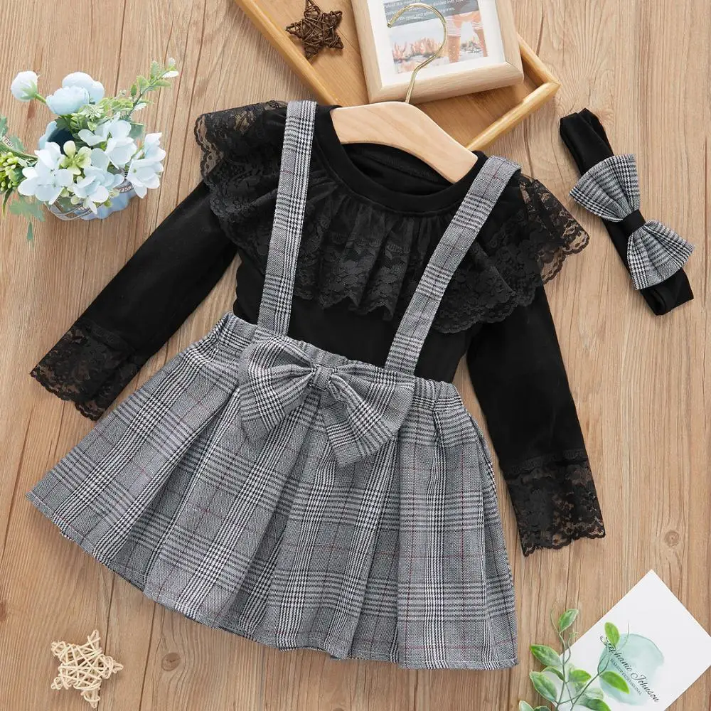 

PatPat 3-piece Baby / Toddler Black Lace Top and Plaid Overalls Set with Headband for Baby Girl