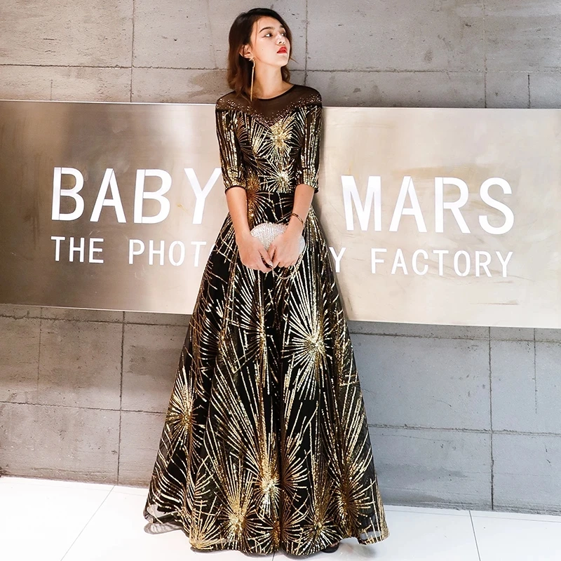 2022 Robe De Soiree Evening Dress Gold Sequined Crystal O-Neck Black Floor-Length Dinner Long Party Prom Gown FD282 hot pink prom dress
